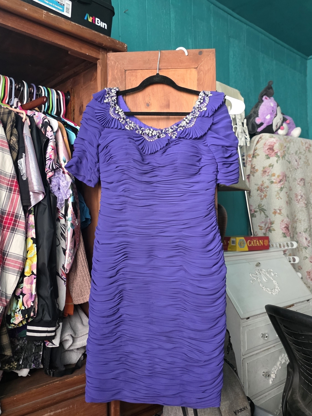 Terani Couture Purple Ruched Midi Dress with Beaded Neckline